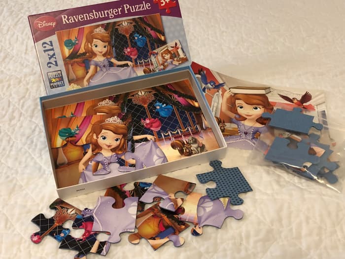 Ravensburger has a line of 12-piece puzzles with 2 puzzles in each box. Included are full-sized picture for each puzzle.