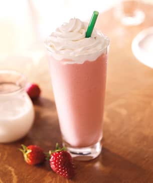 The deliciously pink Strawberries and Creme Frappuccino which gets its bright color from the strawberry puree it is made with.