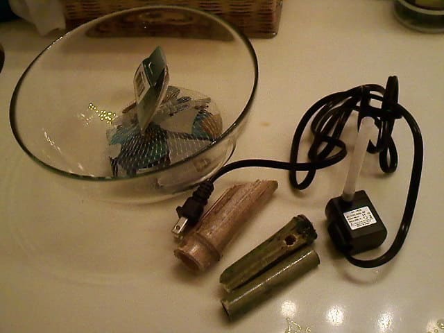 Items needed: Water pump, the pieces of bamboo, glass bowl, decorative stones and the straw.