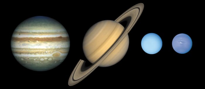 Jupiter, Saturn, Uranus, and Neptune are known as the jovian (Jupiter-like) planets because they are all gigantic compared with Earth, and they have a gaseous nature like Jupiter's. The jovian planets are also referred to as the gas giants, although