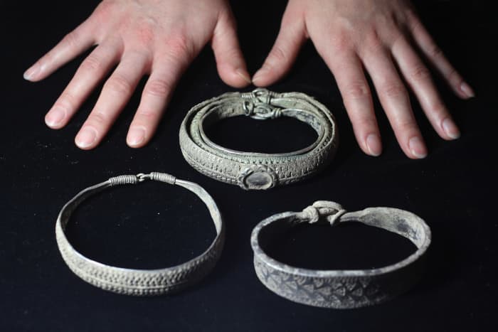 Arm rings from the hoard - arm rings were given to favoured warriors by kings and jarls (Norse earls) and before coinage became widespread in Scandinavia bits were hacked off to be used to buy goods overseas