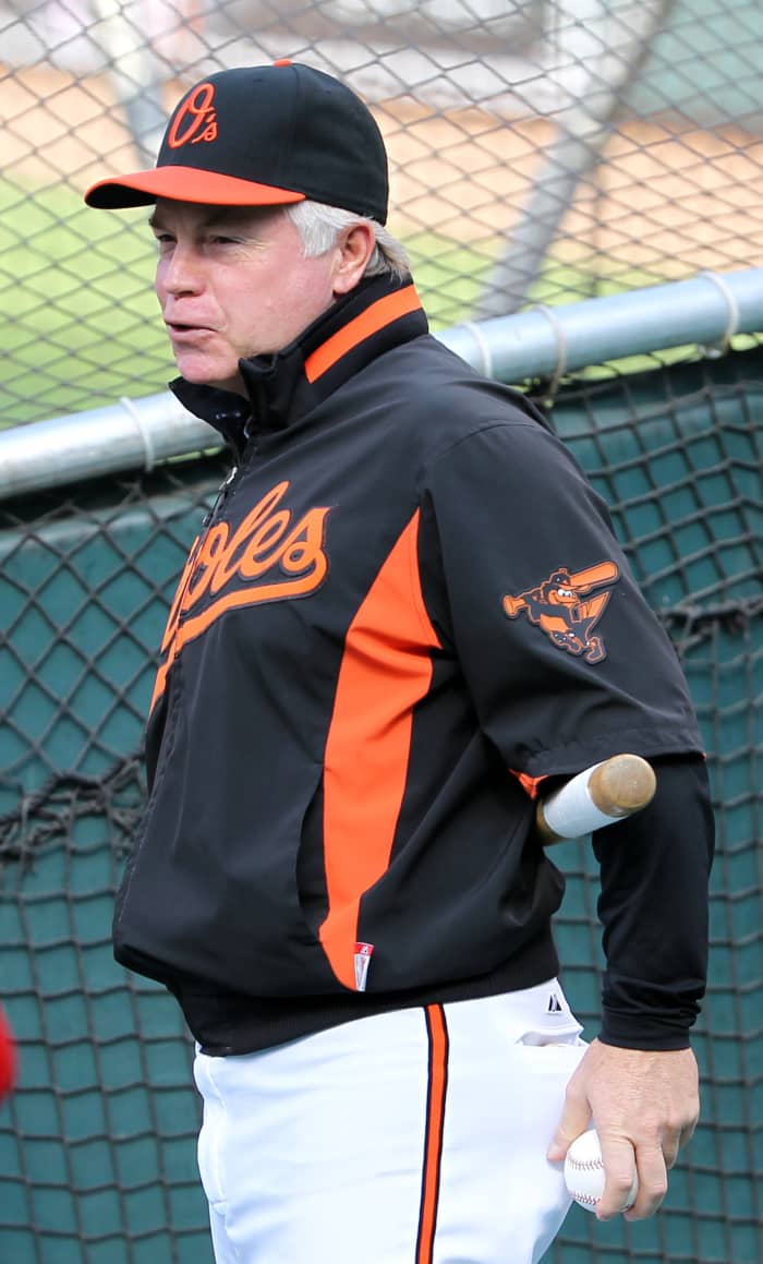 Baltimore Orioles Buck Showalter in the colors of the calico cat.