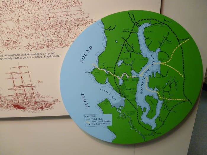 The black lines show the old route cargo had to take before the Locks were built. Commuters who've been cut off by the tolls on Highway 520 might be familiar with this route.