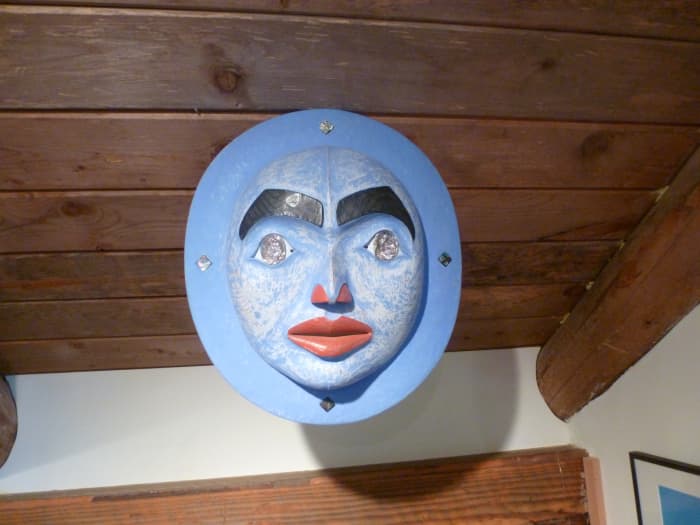 This is a lovely female style moon mask by Andrew Dunkerton in his studio at Roberts Creek