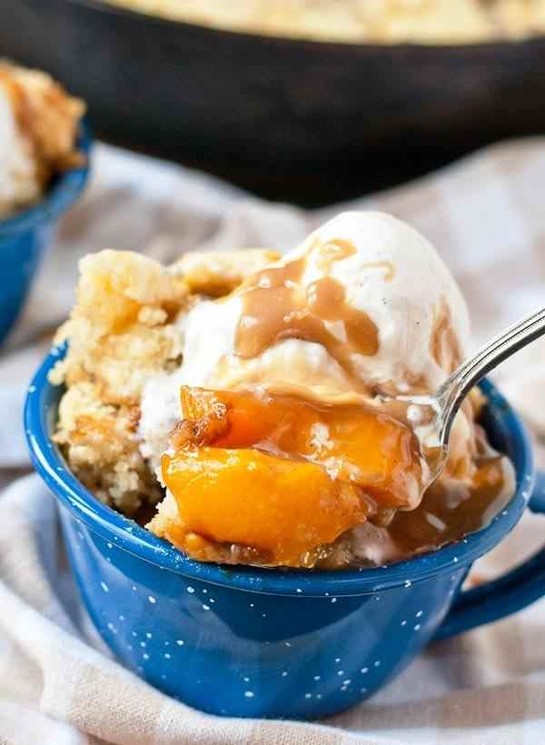 Peach slump with maple caramel sauce