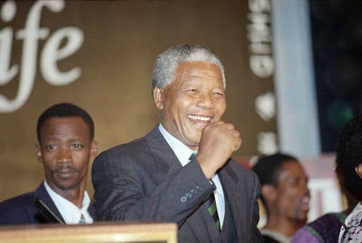 Victory speech in Johannesburg, South Africa 1994 after winning election. The First black President of that country