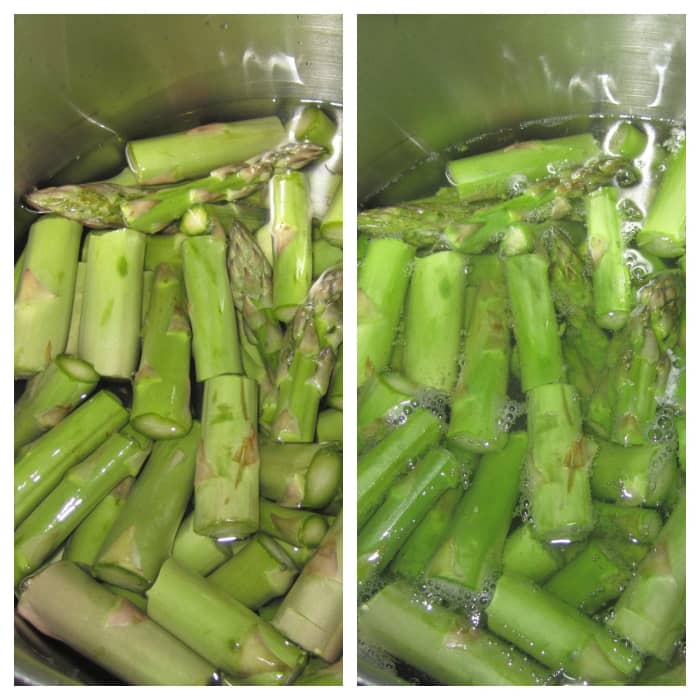 Left: Asparagus places in water uncooked. Right: Asparagus after being boiled. You will be able to tell when it's done because it will turn a vibrant green color.