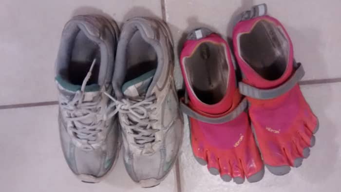 As you can see, next to a pair of minimalist shoes, my traditional running shoes look like bricks. I love the weightless feeling of these shoes.