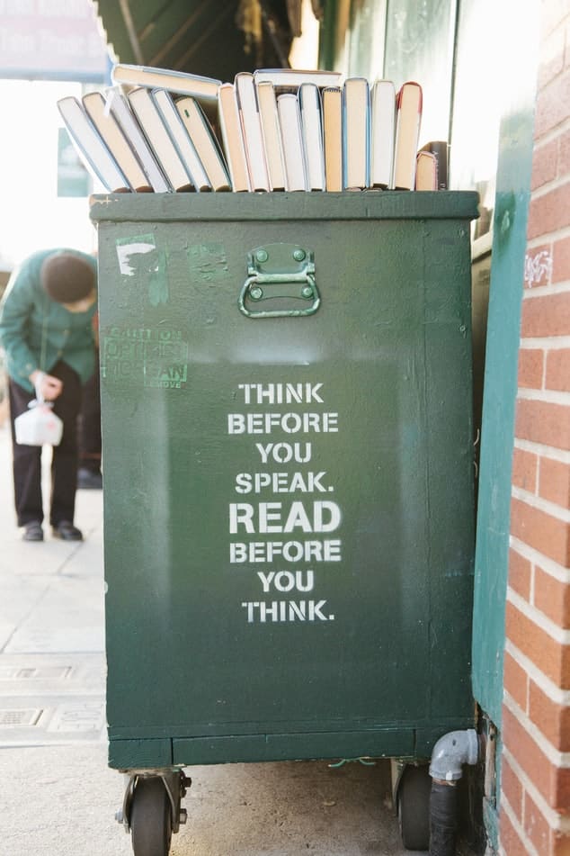"Awesome stencil on a book cart outside of Green Apple Books in San Francisco’s Inner Richmond district."