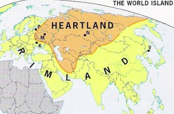 LeDonne divides Eurasia into the Heartland in red, the Coastland in the West, and Monsoon Coastland of China and India.