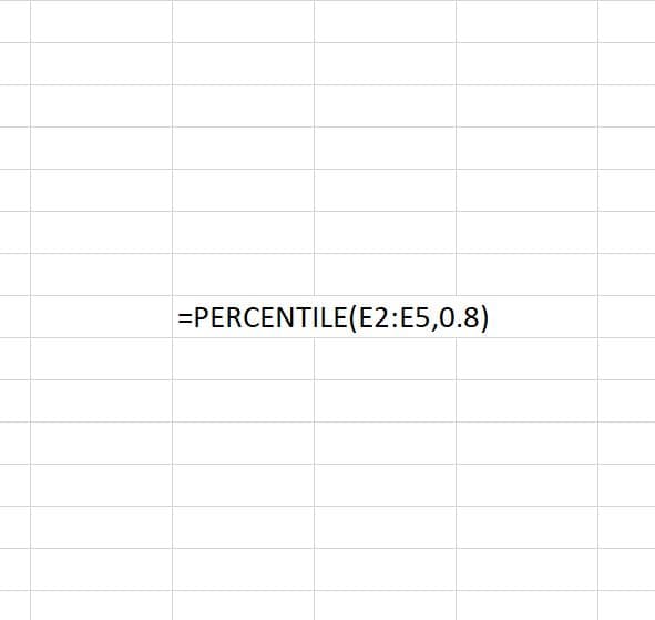 This illustration from Excel above shows the PERCENTILE function being used in Excel to find the 80th percentile of the cell range E2:E5. By default, the 80th percentile would be included in the results.
