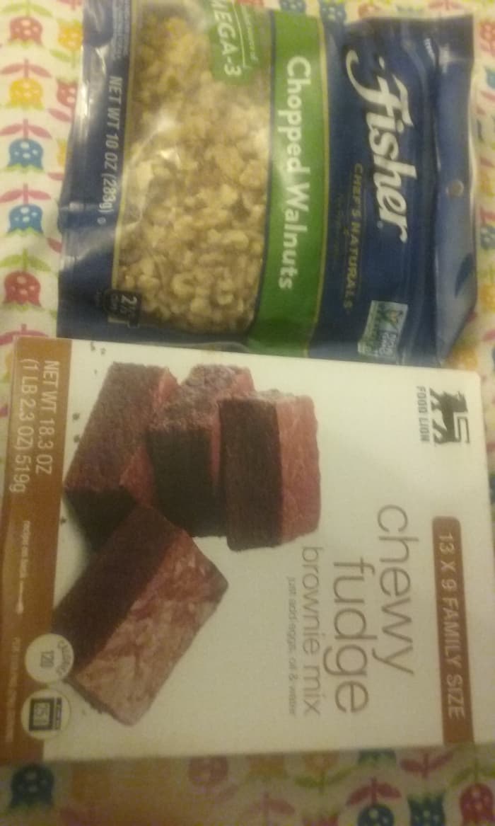 Food Lion brand chewy fudge brownie mix pairs well with walnuts. I like to use Fisher brand chopped walnuts when baking these brownies. At times, I'm able to purchase the Fisher brand chopped walnuts with a $1 off manufacturer's coupon.