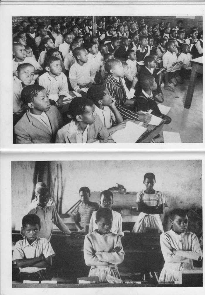 Top: Overcrowded classroom and pupils sitting four in a desk and some on the floor taking lessons. Those whose parents can afford uniform and those who cannot afford school uniforms. Below, students in a classroom in discipline form