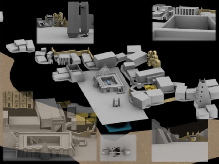 3D model of the forbidden city of Timbuktu Mali, and parts of Sankore University, at the bottom, semi-blocked out.