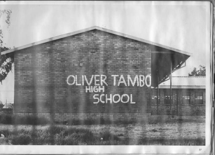 One of the African schools in Soweto being re-named in graffiti by the students in 1976, and they were revolting against apartheidized schools controlled tightly by The Bantu Education Department.