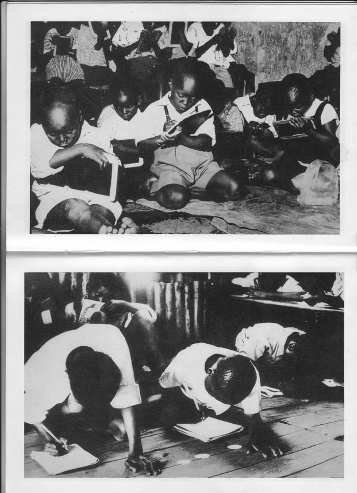 Top: Students in an overcrowded classroom, a few seated, and some sitting and writing on the floor, or holding their books so that they could write. Bottom: Students writing on the floor, while some others holding their books on their knees.