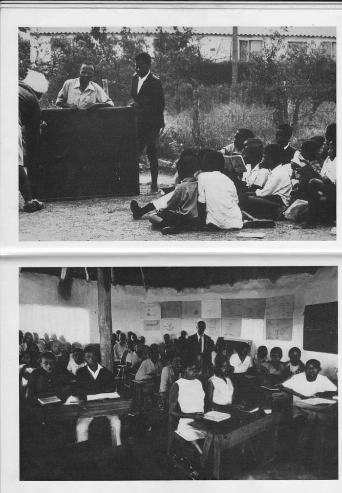 Top: Student sitting outside on the dirt, and the teacher with his desk outside, teaches students from a hand held Blackboard put on the ground, . Bottom: Student classroom in a Hut and home-made desks.