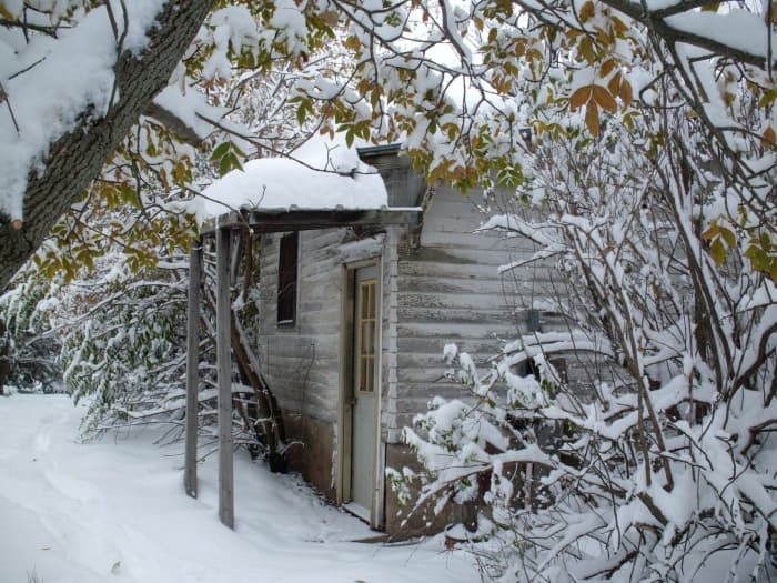 My main door is in a cozy setting, but is still hinged to open against the prevailing winds. (Improvements have been made to the house since this photo taken in October 2009).