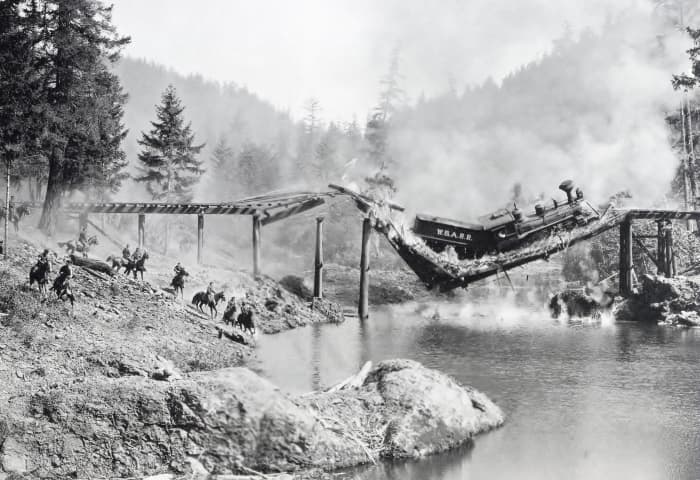 The General (1926) This scene and delays caused by weather and even a forest fire made this film one of the most expensive silent movies ever made.