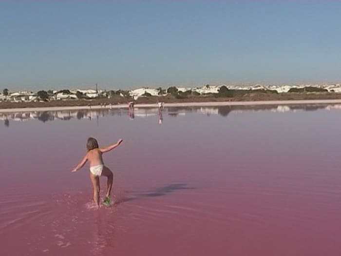 A child plays in the pink waters of a salt lake, located in Spain.