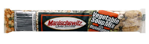 Manischewitz Vegetable Soup Mix contains green peas, barley, yellow peas, lima beans, spices and herbs, and dried vegetables. We use this soup mix as a flavor and texture base for our hearty vegetable soup.