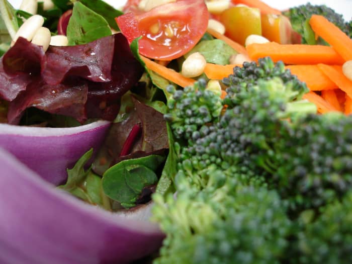 Broccoli, carrots, onion, and greens grace the cold-weather garden salad. If you like, add a small red onion to the shopping list. It adds lovely color and zest.