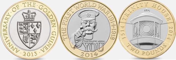 2014/2015 Sought After Two Pound Coins L-R 2013 Guinea Anniversary, 2014 WW1 Outbreak Anniversary & 2014 Trinity House