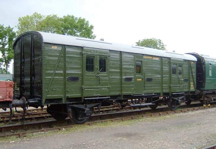 In Southern Railway green, preserved 4-wheeled Utility van seen on the Bluebell Railway in Sussex - often ran as passenger baggage vans on boat trains to the south coast,. some on Red Bank parcels trains as far afield as Darlington in late B R days