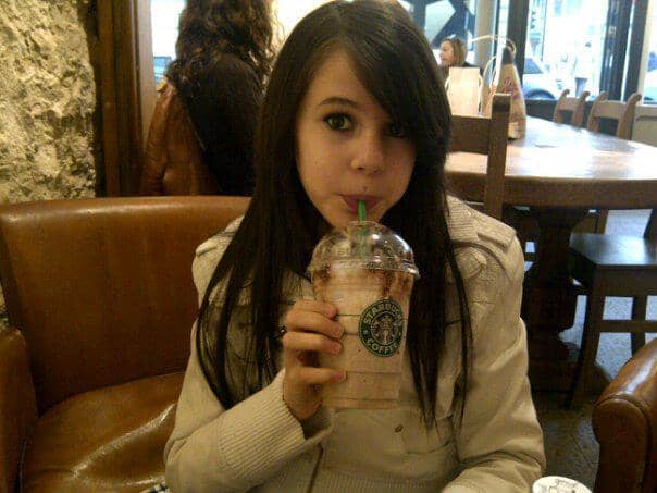 Marina Dalmas Drinking Starbuck's Coffee: Probably under age 13. See wall photos on her Facebook page (above).