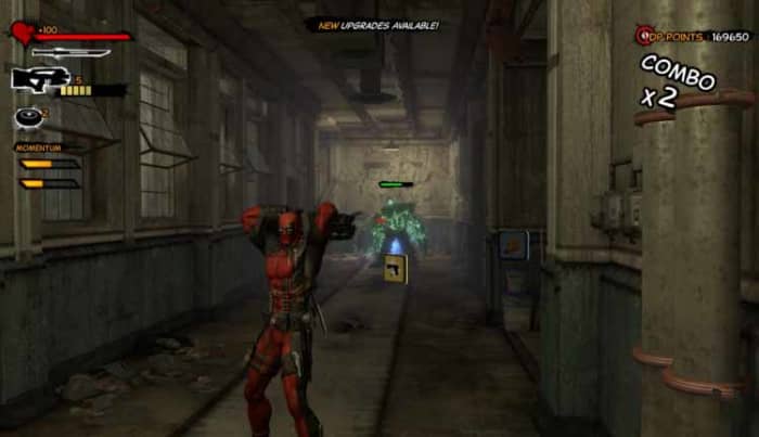 Deadpool runs up and down the corridor and uses the backflip pulse rifle shooting technique on the green marauder type monster.