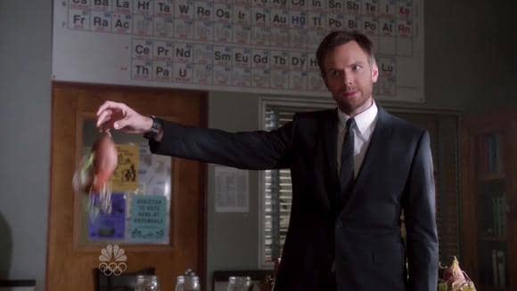 Joel McHale holding up the sweet potatoe plant as evidence in NBC's Community paradoy episode of Law and Order! Growing plants from sweet potatoes!