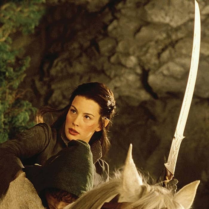 From New Line Cinema and Weta Works. The arguably preferred image of Arwen: strong, armed, confidant, and determined in the face of the enemy.