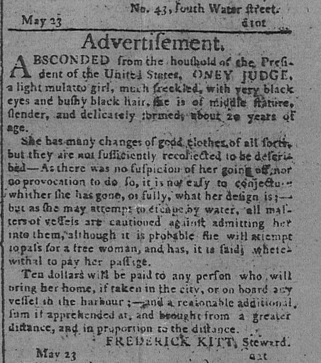 An advertisement seeking Oney Judge's return.