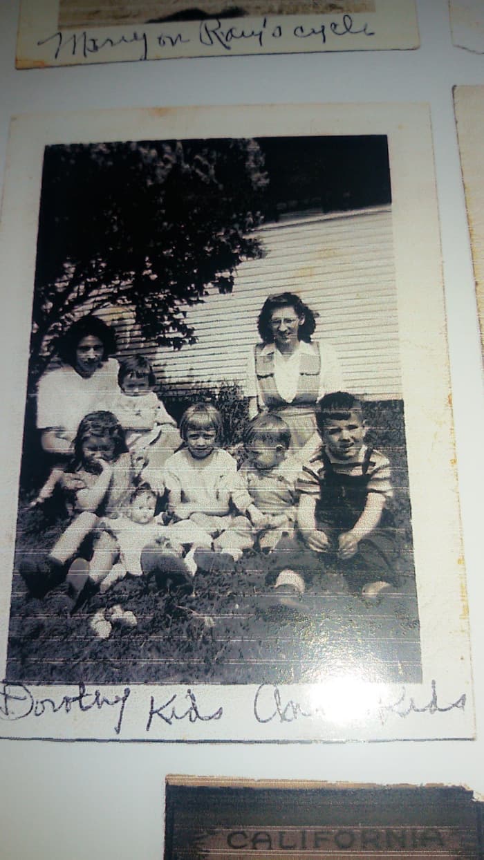 In back L to R: mom holding sister Beatrice and Aunt Sissy. In front L to R: cousin Carol, aunt Mary, cousin Larry, and author