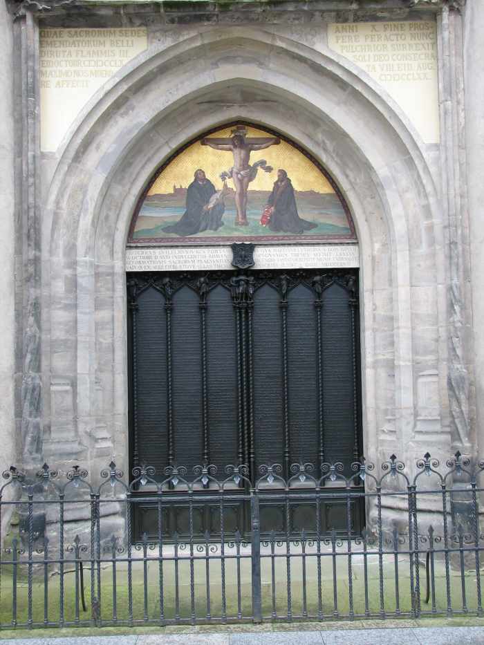 Door of All Saints' Church in Wittenberg to which, by one account, Luther nailed his Ninety-Five Theses on 31 October 1517, sparking the Reformation.