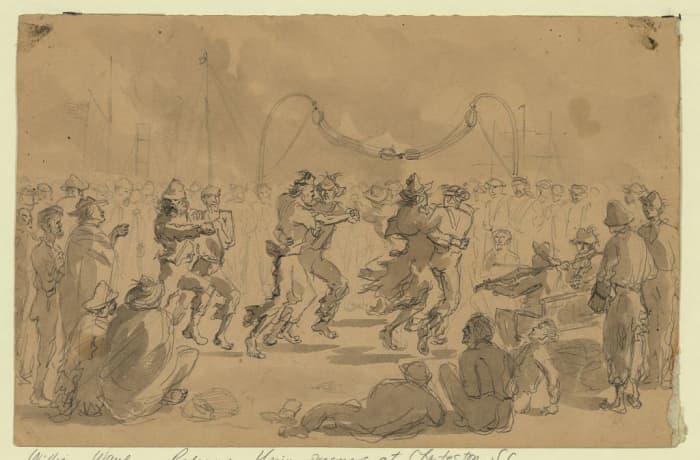 With their ragged uniforms some paroled prisoners celebrated their release with a dance on the deck. Weaker prisoners watch.