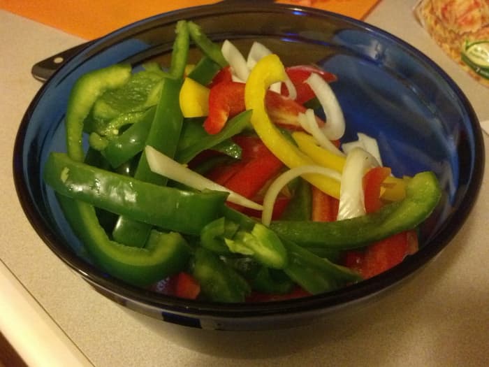 You can also prep the peppers and onions earlier in the day, so that after work or later in the day you can quickly cook the meal.