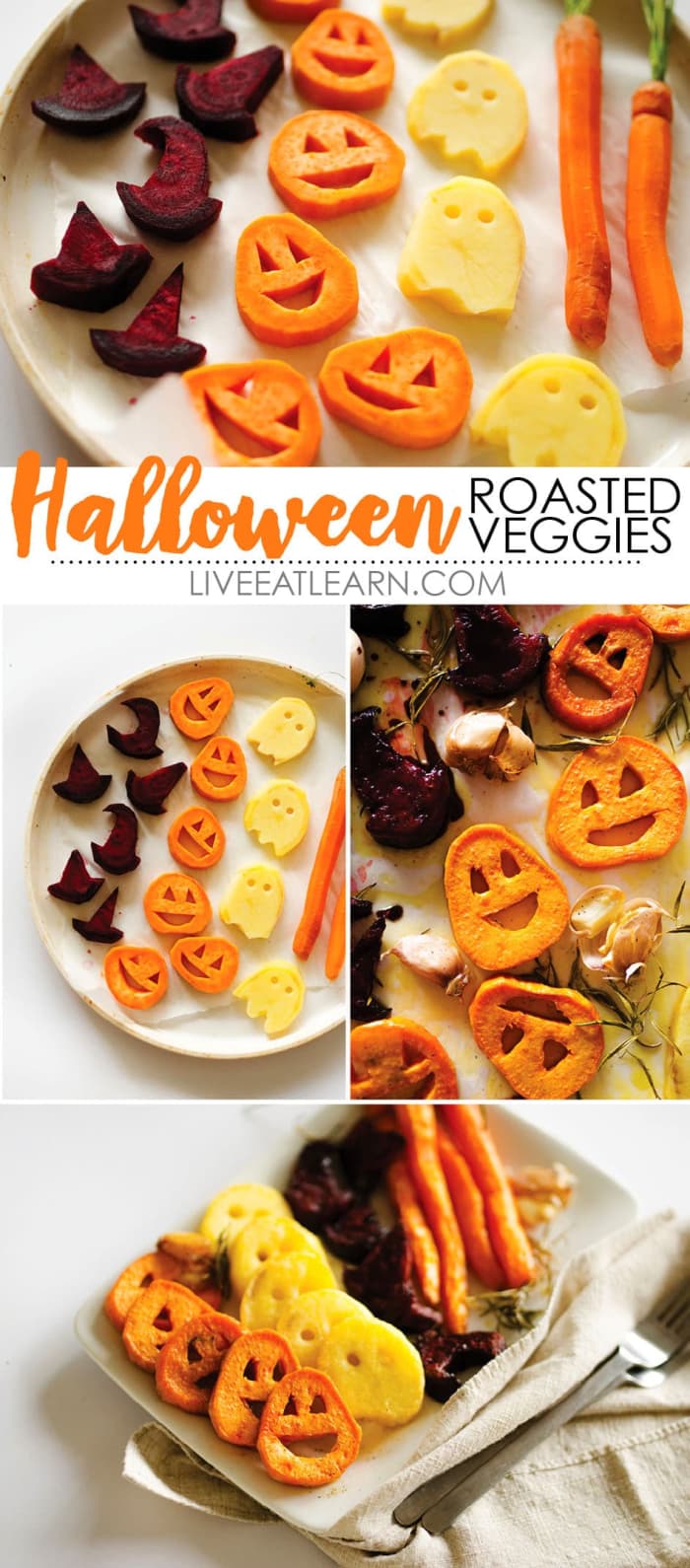 Cut your fall veggies with a Halloween cookie cutter and roast them. These veggies are the perfect compliment to your Mummy Meat Loaf!
