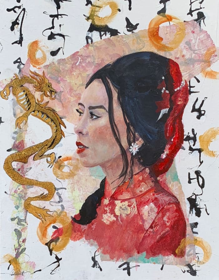 Dragon Lady The base layer for this painting was handprinted tissue papers collaged onto a canvas board.