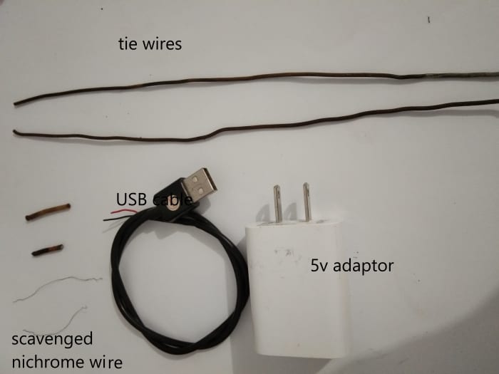 Parts and materials, already available in your work area. The nichrome wire is short but is enough for an emergency DIY hack.