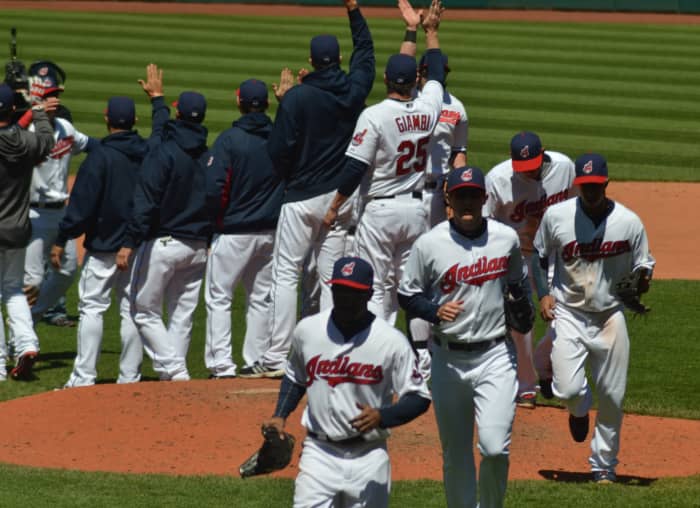The Indians celebrate a win in 2013, the campaign which broke a five-year stretch of seasons at or below .500.