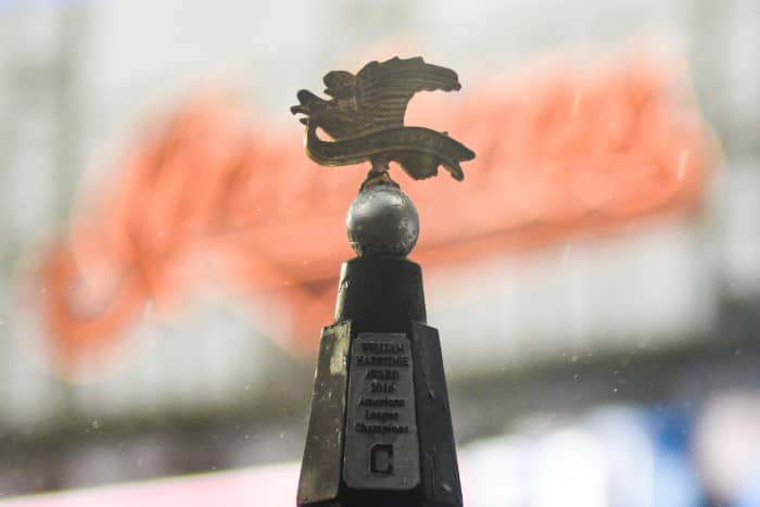 The 2016 American League championship trophy is seen at Progressive Field. The Indians have won the American League six times in their 120-year history.