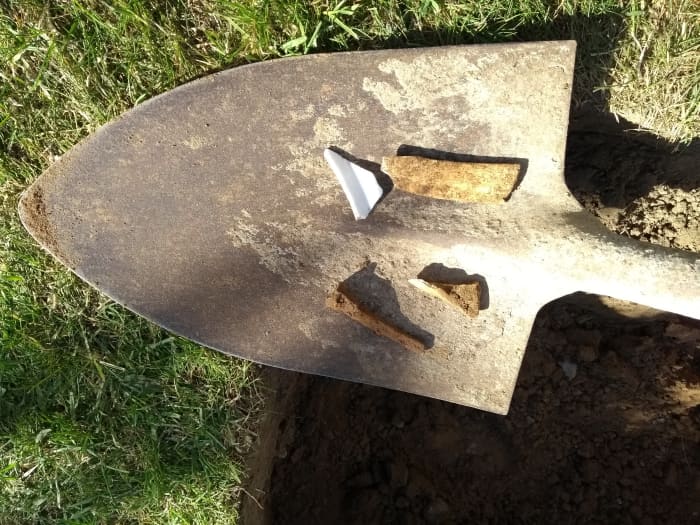 Artefacts discovered during excavation. A piece of crockery, a homemade nail and a bone. It's always fun to come across this stuff!
