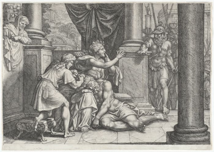 Delilah, with Samson asleep on her lap and a barber cutting his hair, gestures to the Philistine rulers to be quiet as they come to capture him.