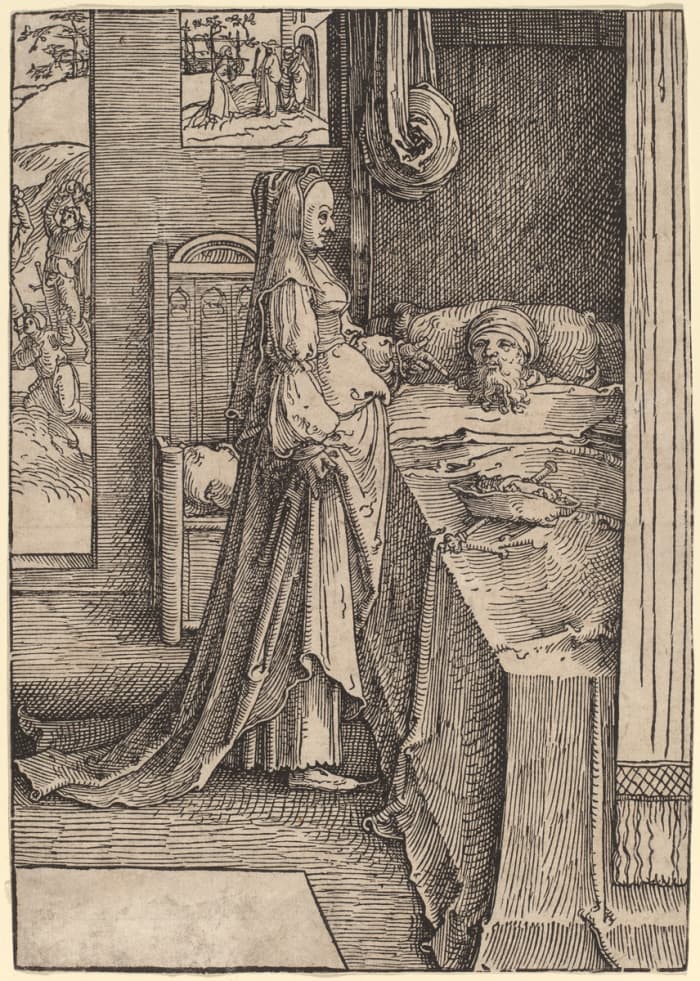 "Jezebel Promising Naboth's Vineyard to King Ahab," who is in bed sulking. A very sixteenth century, Dutch version of this scene.