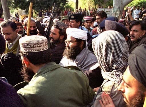 Maulana Masood Azhar(C) spotted at a mosque in Islamabad, Pakistan along with his guards (January 27, 2000)