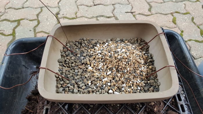 Note the wires that stick out to hold the pot in place. Also note the mound placed where the tree will go. This will allow the tree to be wedged into place.