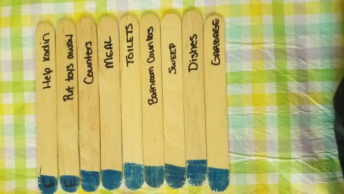 The typical chore selection. (Sticks labeled E were for the six-year-old specifically.)