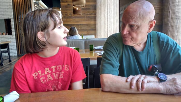 My daughter took a trip to Missouri last summer to spend some quality time with her grandparents. Here she is chatting with her Grandpa on the day of her arrival.