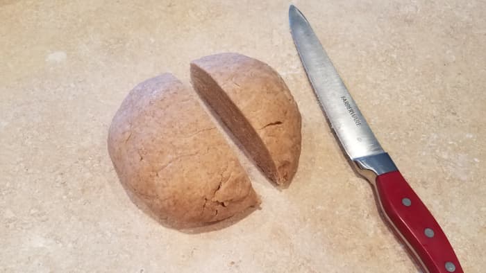 Cut it into two pieces. Mine is off-center because I had a large pie dish and a small one. My others are still with my mother-in-law from Thanksgiving. haha